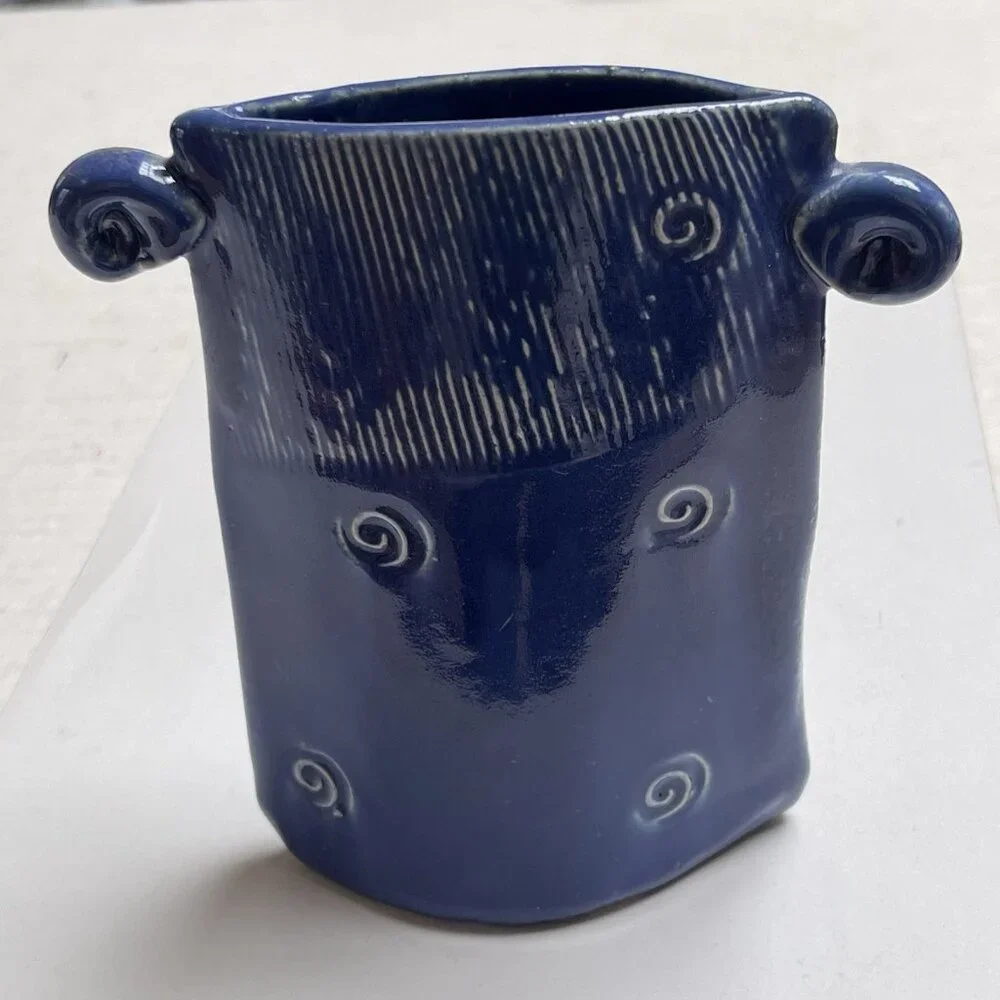 Ceramic Studio Pottery Blue Signed Vase Textured Decor Home Gift